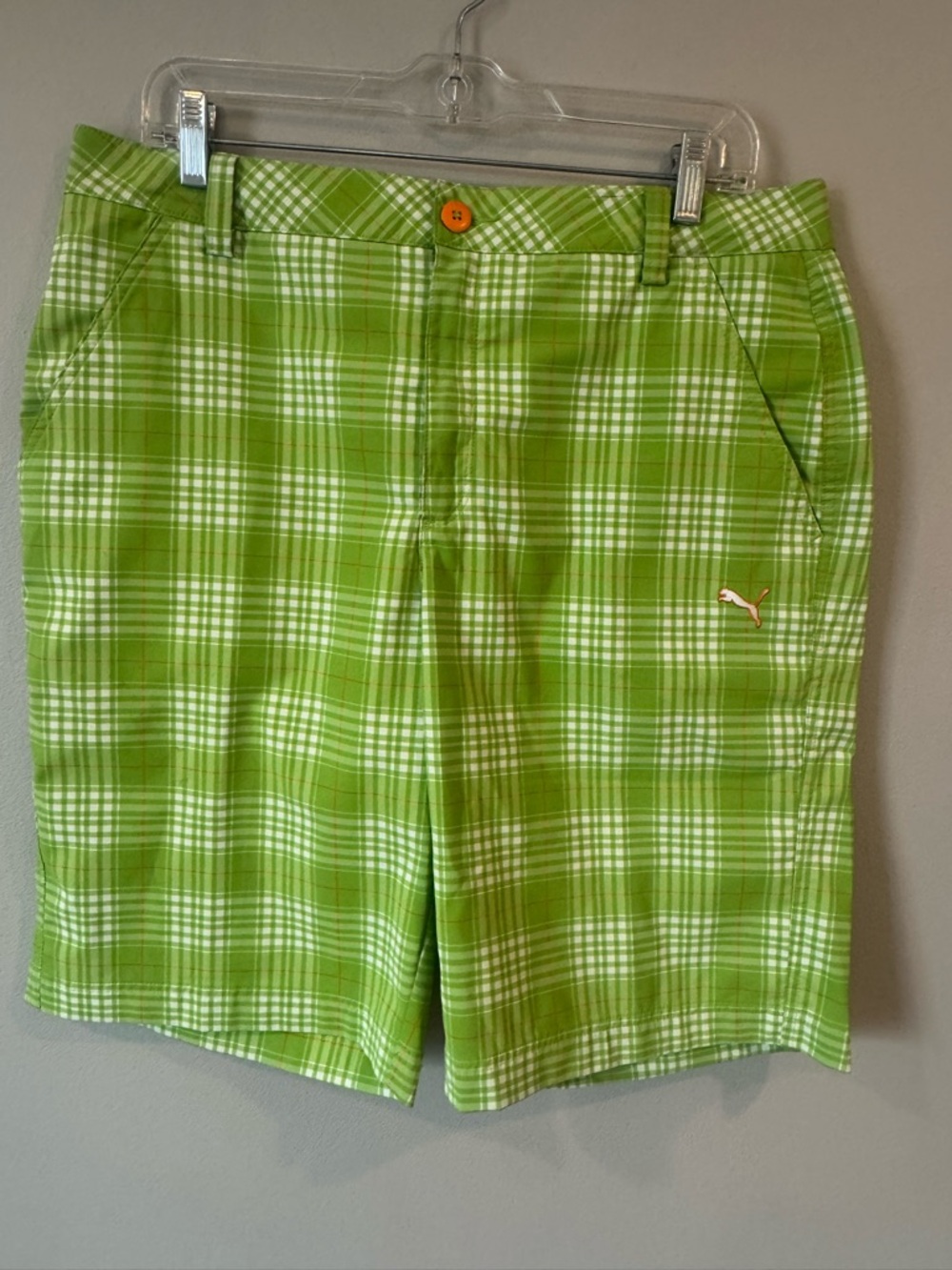 Puma Golf Shorts Mens 34 Green White Plaid Performance Flat Front Checked Logo